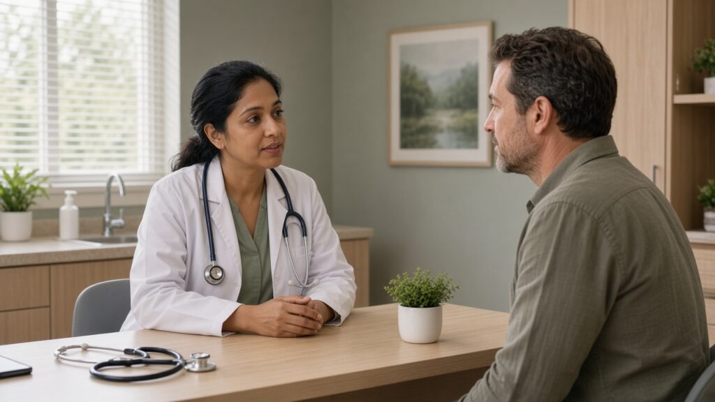 Primary Care in Lewisville: Family Medicine Without Starting at Urgent Care 8 A primary care doctor talking with an adult patient during a family medicine visit