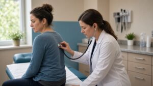Clinician listening to an adult patient's lungs during a primary care sick visit