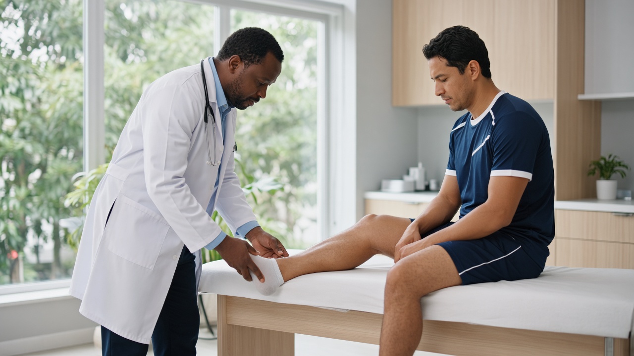 Sports medicine clinician checking an adult patient's ankle during a clinic visit in Plano