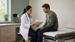 Clinician reviewing a chart with an adult patient during an annual physical in a Plano exam room