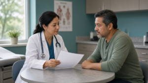 Clinician and patient reviewing a lab sheet during a diabetes follow-up visit