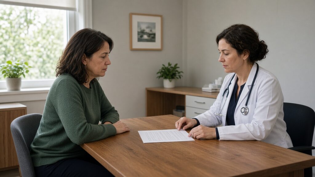 Clinician and adult patient reviewing a lab report during a primary care diabetes visit
