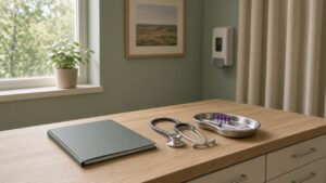 Quiet exam room counter with a closed chart and stethoscope, for Richardson diabetes follow-up