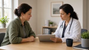 A clinician and a patient reviewing a chart during a primary-care visit.