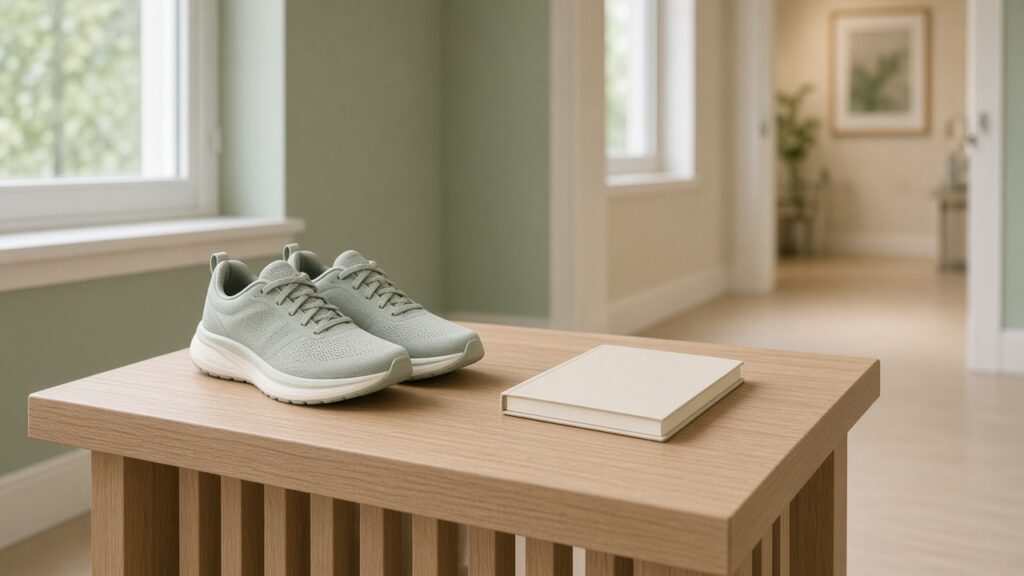 Running Injury Treatment in Plano: When Primary Care Comes Before PT 1 Running shoes and a closed notebook on a wooden table.