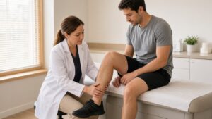 Primary care clinician examining an adult patient's ankle after a sports sprain in a Plano exam room