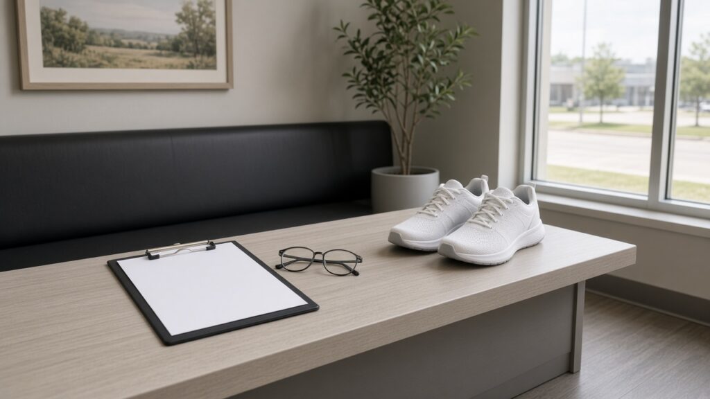 Clipboard, glasses, and athletic shoes on a clinic bench for a Plano sports physical