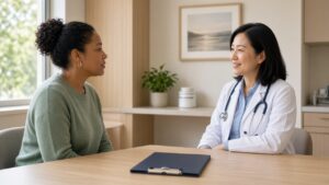 A clinician and a patient talking across a desk in an exam room.